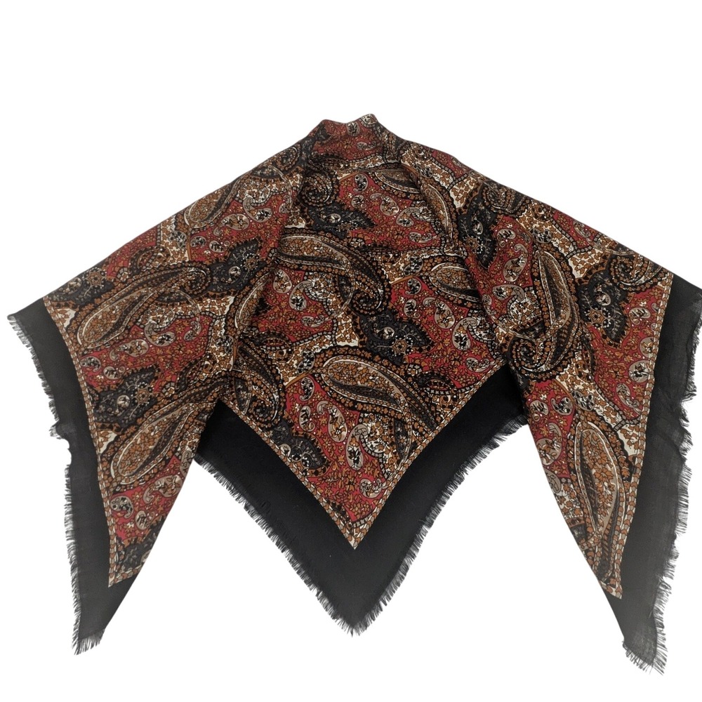 Axcess 100% Wool Paisley Square Scarf Red Black Gold Made in Japan Fringe 34x34